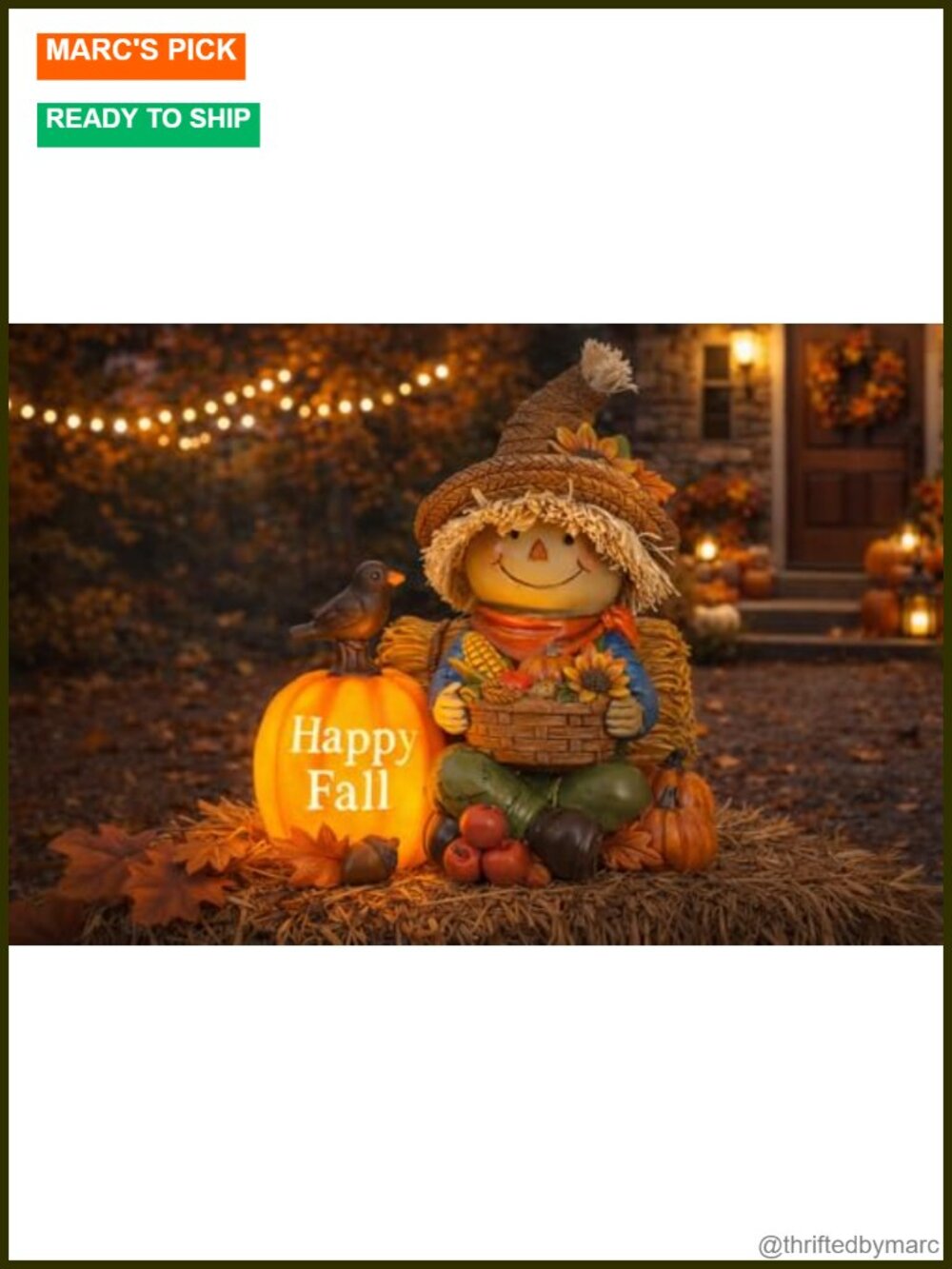 Solar Lighted Fall Scarecrow Resin Statue Outdoor Thanksgiving Decor